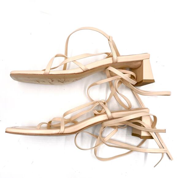 LPA Loren Block Heel Sandals Tan Leather Strappy Ankle Wrap Sz 9 Square Toe - Picture 8 of 11
